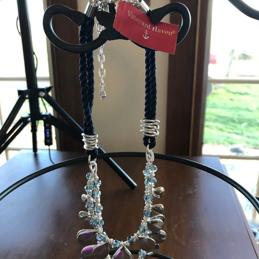 VINEYARD HAVEN Statement 2 Strand Silvertone/Blue Rope Necklace NWT